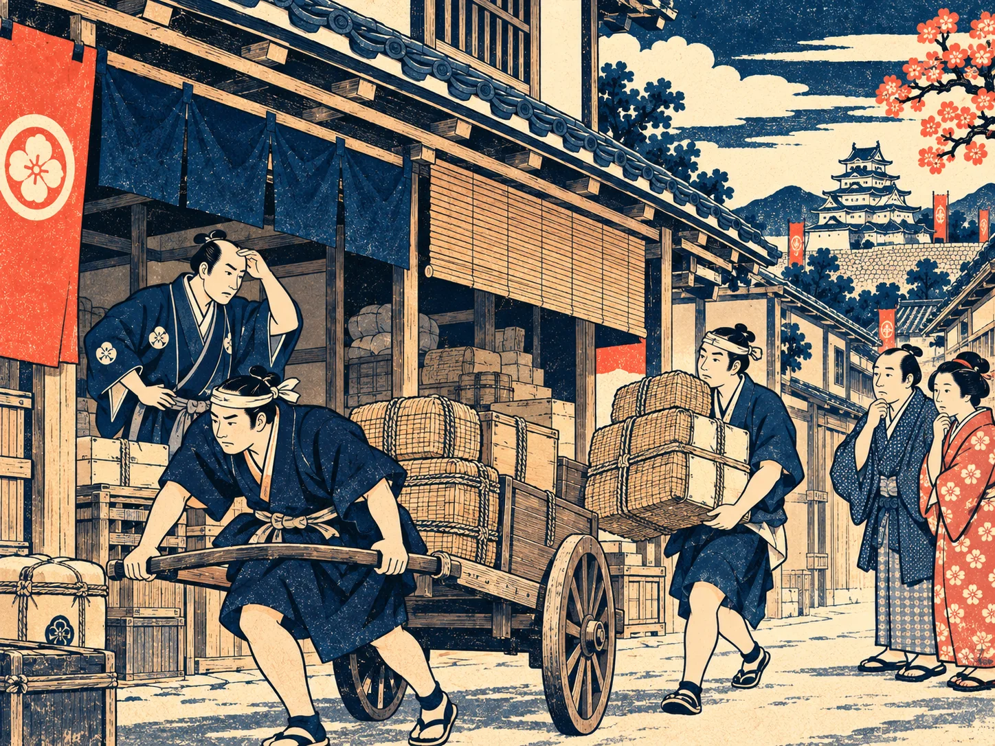 人手が足りず、頭を抱える店主、ひとりで荷車を引く者、荷を運ぶ者、待たされるお客様のいる店先